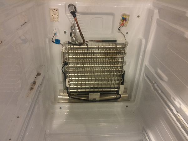 The defroster coil on the inside of the freezer compartment.